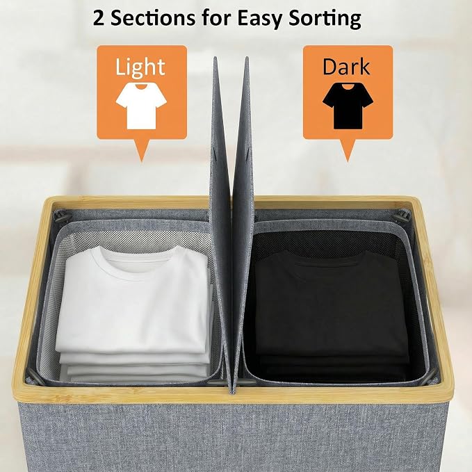 efluky Laundry Hamper with Lid, Double Laundry Basket with 2 Removable Bags, 2 Section Laundry Bin with Bamboo Handles for Bathroom, Bedroom & Laundry Room, 140L (36.9 Gallon) Blue Grey