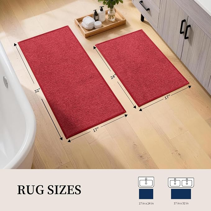 YIHOUSE Red Bathroom Rugs Sets 2 Piece, Quick Dry Thin Bath Mat, Non Slip Absorbent Machine Washable, Bath Rugs for Bathtub Sink Home Decor (17"x24" + 17"x32")