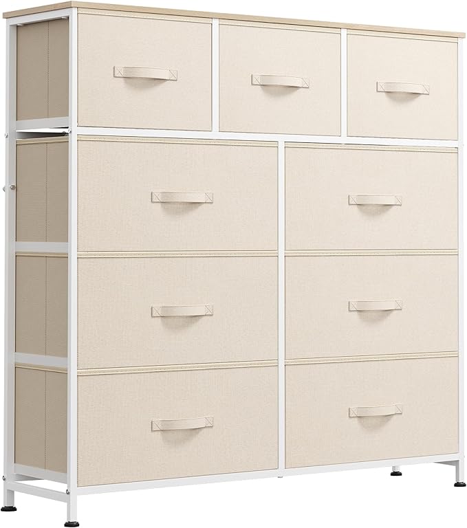 WLIVE 9 Drawer Dresser, Fabric Storage Tower for Bedroom, Hallway, Closet, Tall Chest Organizer Unit for Bedroom with Fabric Bins, Steel Frame, Wood Top, Easy Pull Handle, Cream White