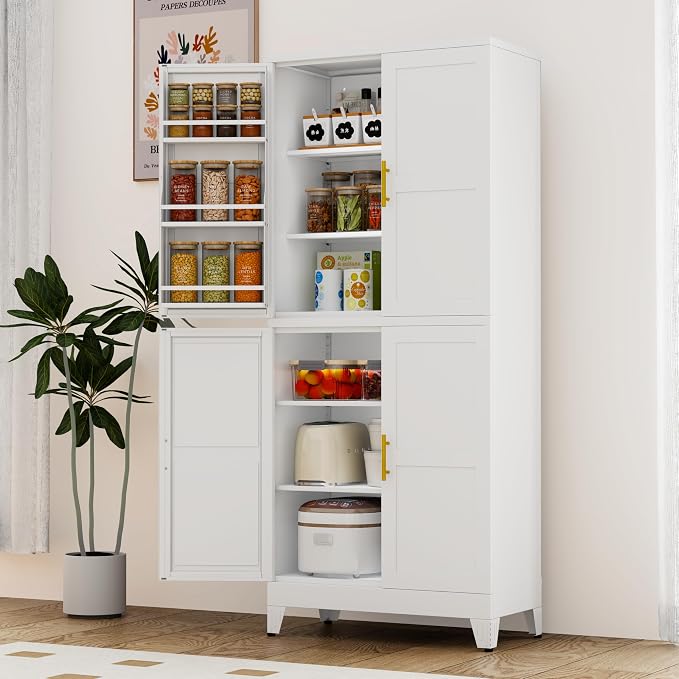 GAIOUS 74.8" Tall Metal Food Cabinet, White Kitchen Pantry Cabinet, Storage Cabinets with 4 Door and 4 Adjustable Shelves, Steel Freestanding Cupboard for Kitchen Dining Room Living Room Bathroom