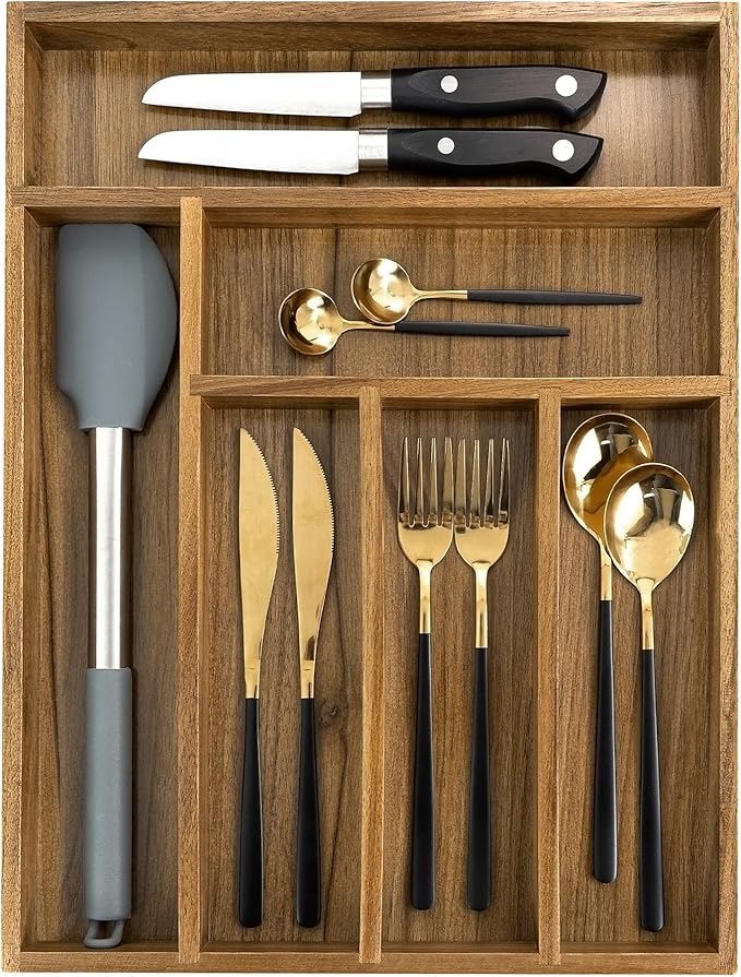 EcoFives Luxury Acacia Kitchen Drawer Organizer - Silverware Organizer - Utensil Holder and Cutlery Tray with Grooved Drawer Dividers for Flatware and Kitchen Utensils (6 Slot)