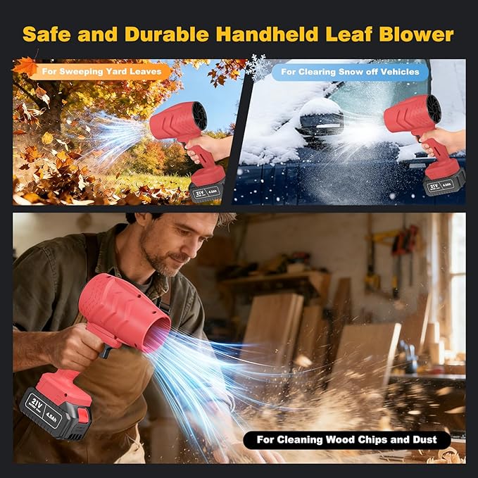 Electric Mini Leaf Blower, Powered Handheld Blower Leaf, Adjustable Wind Speed Cordless 21V Battery Blower with 2 Rechargeable Batteries and Charger, Toolbox, for Yard Leaf & Snow Removal(Red)