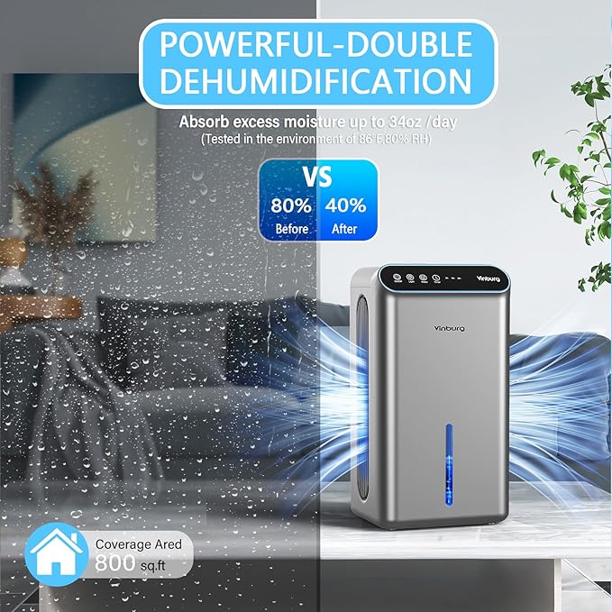 Dehumidifier for Basement (85 OZ, 800 sq ft) Quiet Dehumidifiers for Home, Auto Shut-Off, Sleep Mode, 3 Gear Timer(8H,16H,24H), Small Dehumidifier for Bedroom, Bathroom with Drain Hose(Milky Sliver)