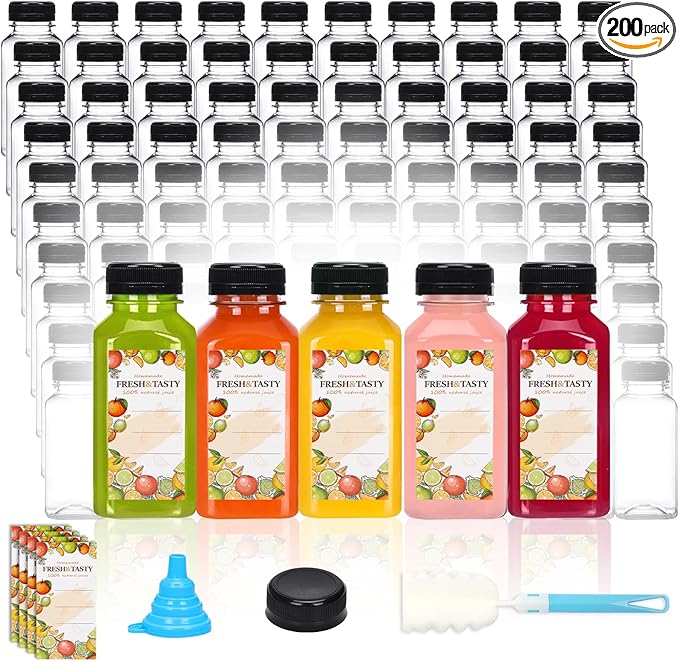 TOMNK 200pcs 8oz Plastic Juice Bottles with Caps Empty Reusable Clear Bottles with Label, Funnel and Brush Beverage Containers Bulk with Lids for Juicing, Smoothies, Fridge