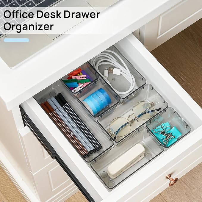 Vtopmart 25 PCS Office Desk Drawer Organizers Set, 4-Size Versatile Plastic Drawer Organizer Trays, Storage Bins for Desk Accessories Office Organizers and Storage, Bathroom, Makeup, Vanity