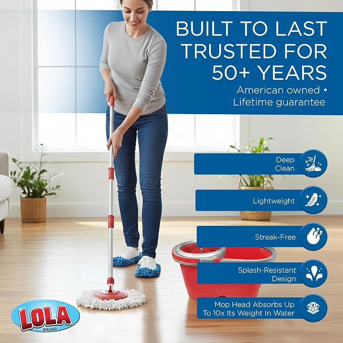 Revolution Deluxe Spin Mop & Bucket, w/ 3 Microfiber Washable Heads, 1 Pair Microfiber Mop Slippers, Fast Dry, Deep Clean Floors & Hands-Free Wringer, Easy Spin Dry, No Exhaustive Foot Pedal, LOLA
