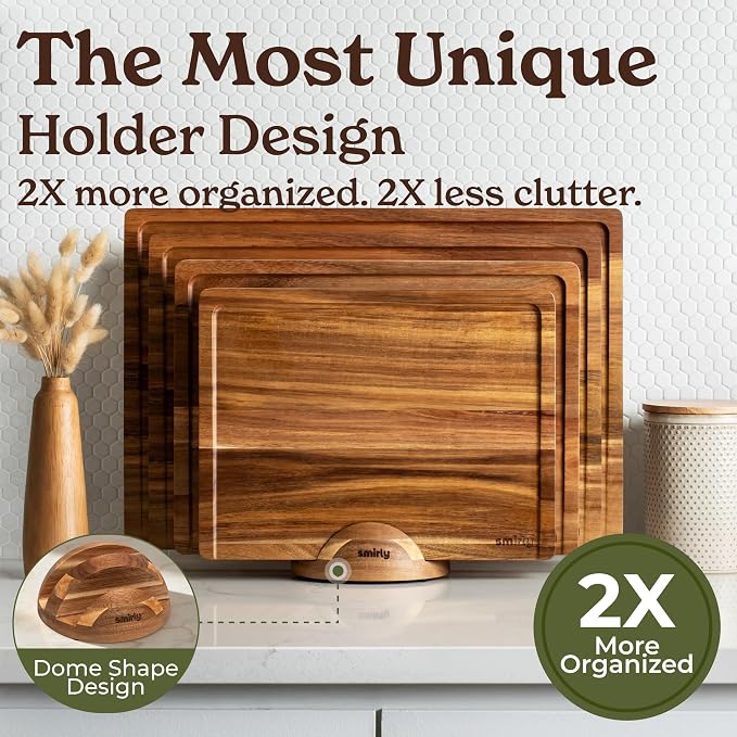 SMIRLY Acacia Wood Cutting Board - 4 Pack Cutting Board Set with Stand | Non Toxic Wooden Cutting Boards with Juice Grooves and Handles, Multiple Sizes Chopping Board for Meal Prep & Charcuterie