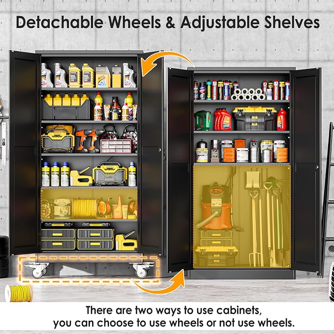 PAOFIN Metal Garage Storage Cabinet with Wheels,Steel Lockable File Cabinets with 2 Doors and 5 Adjustable Shelves,74" H Locking Tool Cabinets for Home Office, Warehouse, Required Assembly,Black