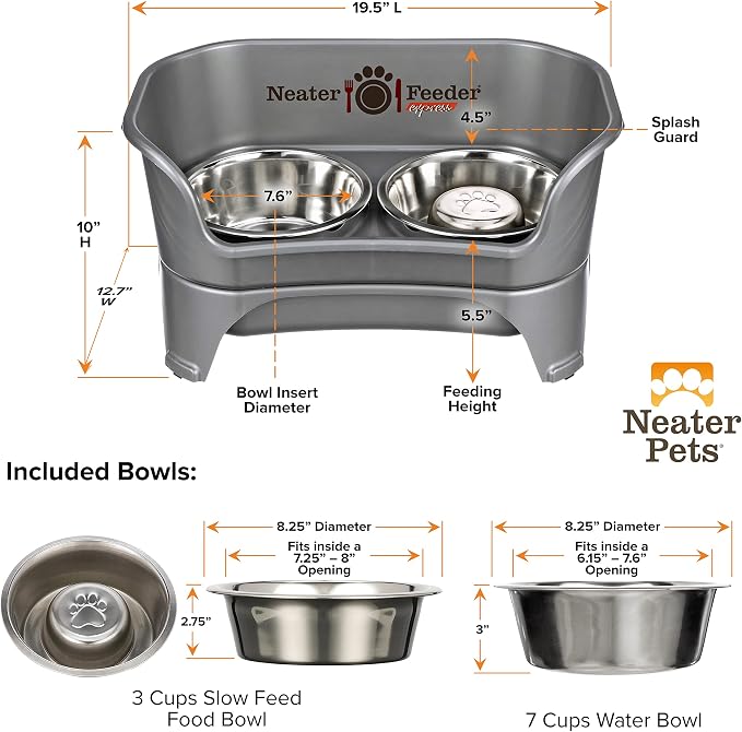 Neater Feeder - Express Model w/ Slow Feed Bowl - Mess-Proof Dog Bowls (M/L, Grey) Made in USA – Elevated, No Spill, Non-Tip, Non-Slip, Raised Stainless Steel Food/Water Pet Bowls Aid Digestion