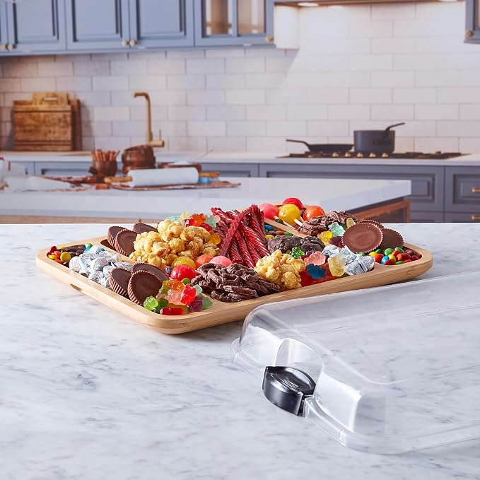 FARBERWARE Build-a-Board Cutting Board with Three Compartments and Clear Locking Lid for Charcuterie, Snacks, and More, Bamboo