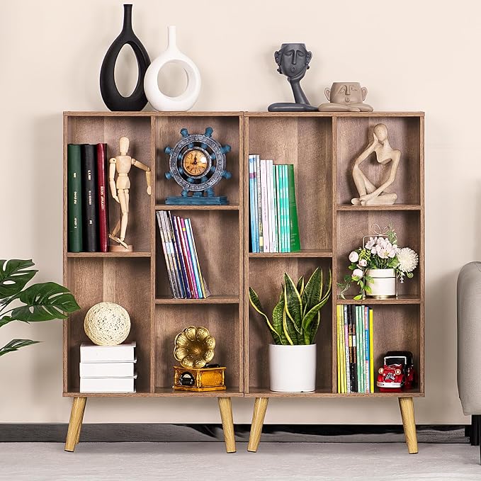 LEYAOYAO 5 Cube Bookshelf, Mid-Century Modern Book Shelf with Legs, Oak | 3 Tier Bookcase, Rustic Wood Bookshelves Freestanding Small Storage Organizer, Open Shelves for Bedroom, Living Room, Office