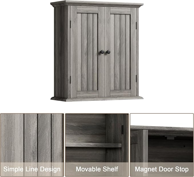 ChooChoo Bathroom Wall Cabinet, Over The Toilet Space Saver Storage Cabinet, Farmhouse Medicine Cabinet with 2 Doors and Adjustable Shelves, Cupboard, Retro Grey