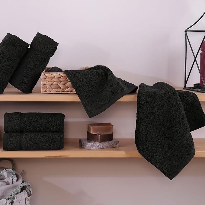 Washcloth Linen Set Premium Original Turkish Cotton, Hotel Quality for Maximum Softness & Absorbency for Face, Hand, Kitchen & Cleaning (Black, Washcloth Set)