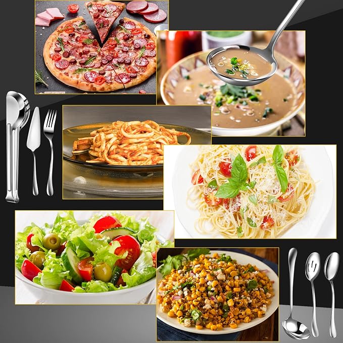 Thenshop 30 Pcs Serving Utensils Set Stainless Steel Flatware Serving Set Include Large Spoons Slotted Spoons Forks Soup Ladle Pie Server and Tongs for Buffet Catering Party Restaurant(Silver)