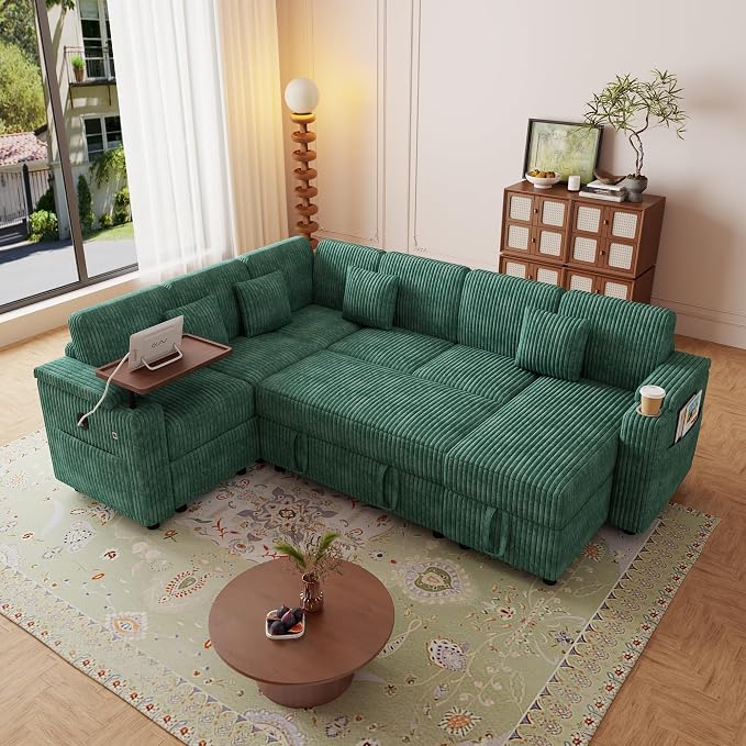 L-Shaped Sectional Sleeper Sofa with Pull Out Bed, Green | Plush Corduroy, Reclining Backrest, Storage Chaise, Usb Ports, Cup Holders & Table – Modular Cloud Couch for Living Room