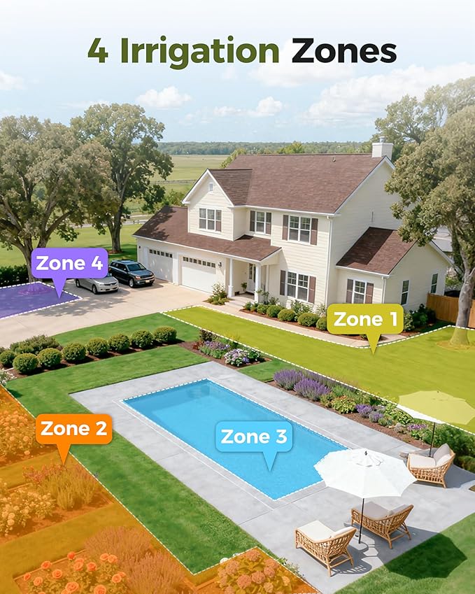 Diivoo 4 Zone Sprinkler Timer with Brass Inlet, IP68 Waterproof Water Timer,for Garden Hose with Large Display, Digital Control & Rain Delay & Manual Watering for Lawn, Yard