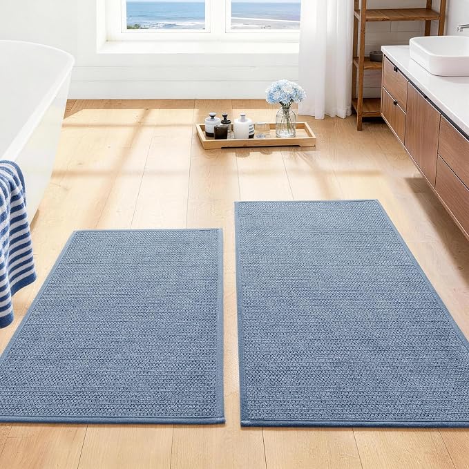 YIHOUSE Navy Blue Bathroom Rugs Sets 2 Piece, Quick Dry Thin Bath Mat, Non Slip Absorbent Machine Washable, Bath Rugs for Bathtub Sink Home Decor (17"x24" + 17"x32")