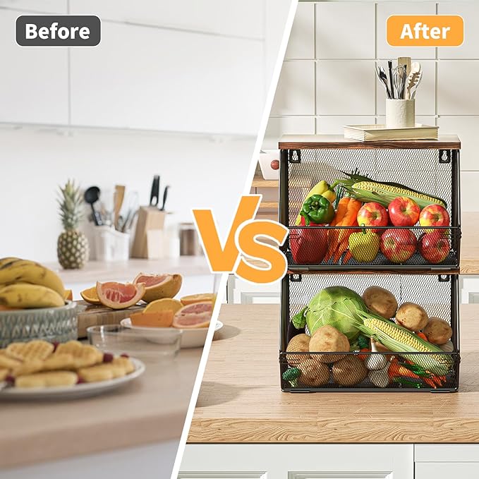 2 Tier Fruit Basket for Kitchen Counter, Stackable Onion and Potato Storage Basket, Wall Mounted Wire Basket with Wood Lid, Hanging Kitchen Storage Vegetable Organizer, 11.8 x 7.1 x 8.6 Inch