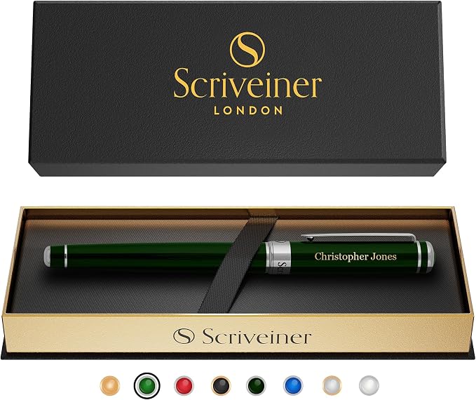 Scriveiner Personalized British Racing Green Rollerball Pen - Stunning Green Lacquer Luxury Pen with Chrome Finish, Schmidt Ink Refill, Engraved Roller Ball Gift Set for Men & Women, Custom Engraving