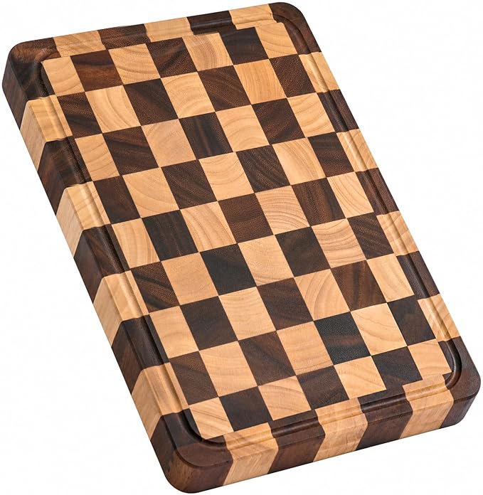 1.4" Checkered Cutting Boards for Kitchen, Thick Wood Butcher Block | Chooping Board with Juice Grooves & Handles, Serving Tray for Meat, Vegetables Fruits with Gift Box, 16" x 11"