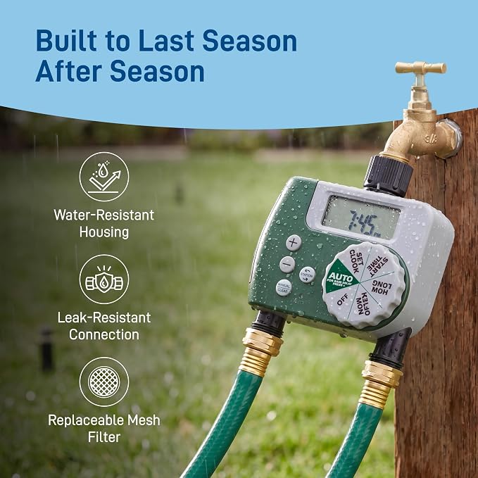 Orbit Programmable Digital Hose Watering Timer - 2 Outlet - Battery Powered - with LCD Screen - Built-in Rain Delay - Water-Resistant - 58910