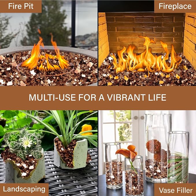 NUPICK 5 Pound Fire Glass, 1/2 Inch Reflective Fire Pit Glass | Tempered Fire Pit Rocks for Propane or Natural Gas, Glass Rocks for Fire Pit Table, Fireplace, Fire Bowl, Landscaping, Copper