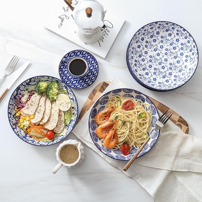 Selamica Ceramic Pasta Bowls Set 34 OZ, Large Salad Bowls 8.6 Inch Dinner Bowls for Kitchen, Wide Shallow Bowls Deep Plates for Pasta Soup, Microwave & Dishwasher Safe, Set of 6, Vintage Blue