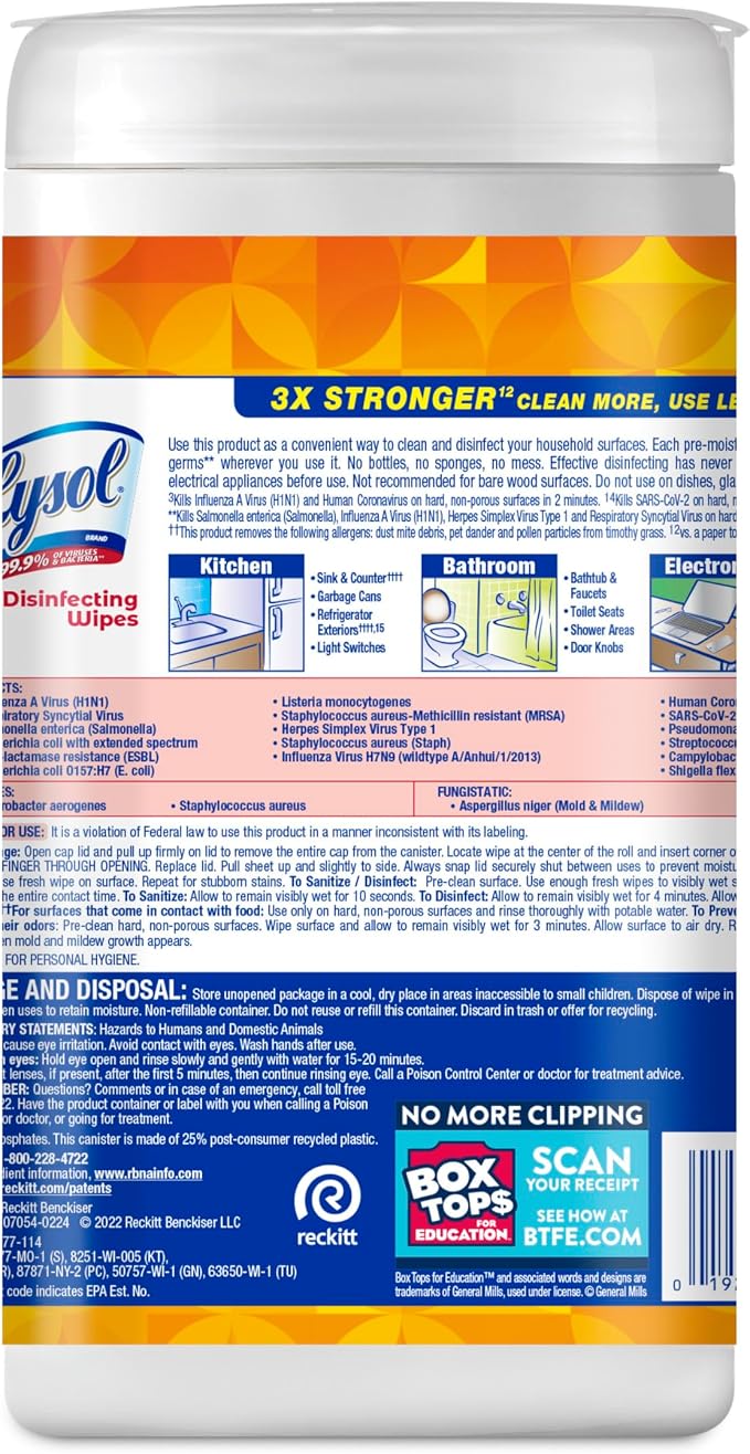 LYSOL Disinfecting Wipes, All Purpose Cleaner, Multi-Surface Antibacterial Cleaning Wipes, Household Cleaning Supplies, Dorm Essentials, Mango & Hibiscus Scent, 80 ct.