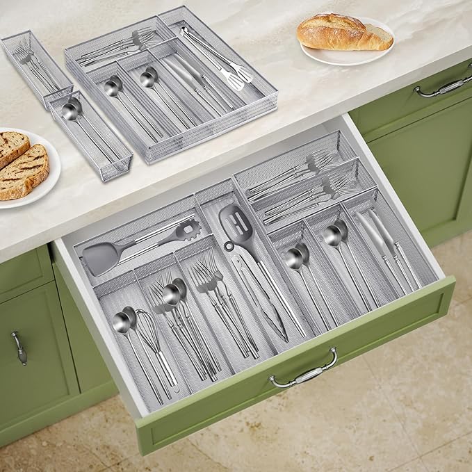 Neudeco Drawer Organizer Set, Silver Mesh, 6 Pack | 5-Compartment Silverware Tray, 5 Utensil Trays, Non-Slip, For Flatware, Cutlery, Office Supplies