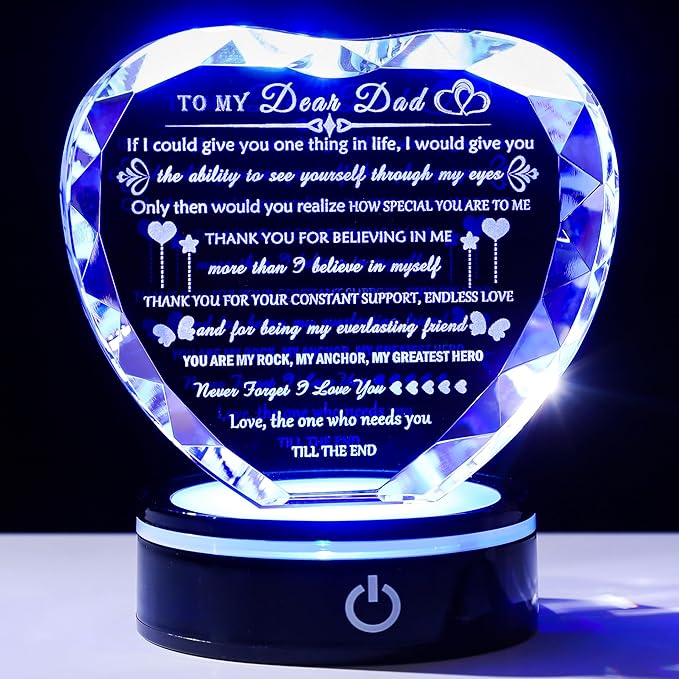 Arikyrist Dad Gifts with Colorful LED Base Meaningful Dad Birthday Gift from Daughter Son Crystal Heart to My Daddy Plaque Present for Father Who Wants Nothing on Fathers Day