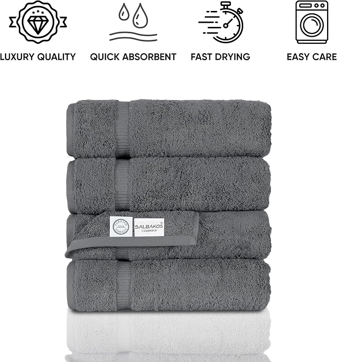 SALBAKOS 4-Piece 100% Turkish Cotton Bath Towels, 27x54 inch, Gray | Standard Size, 630 Gsm Thick Super Soft Highly Absorbent Quick-Dry Bathroom Towel, Premium Hotel & Spa Quality Made in Turkey