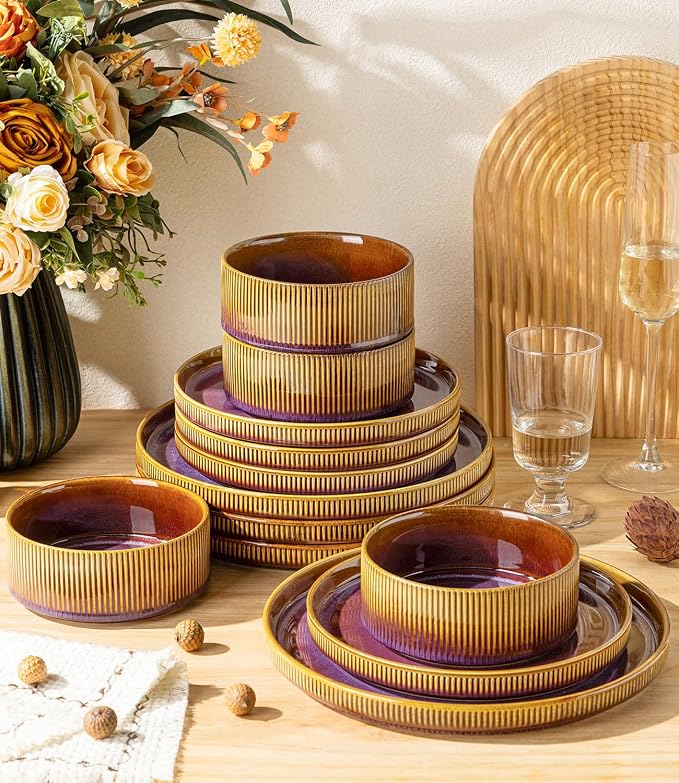 TheTerra Ceramic Dinnerware Sets for 4, 12 Pieces Porcelain Lightweight Plates and Bowls Sets, Scratch Resistant Dish Set, Oven & Microwave & Dishwasher Safe, Amber Amethyst