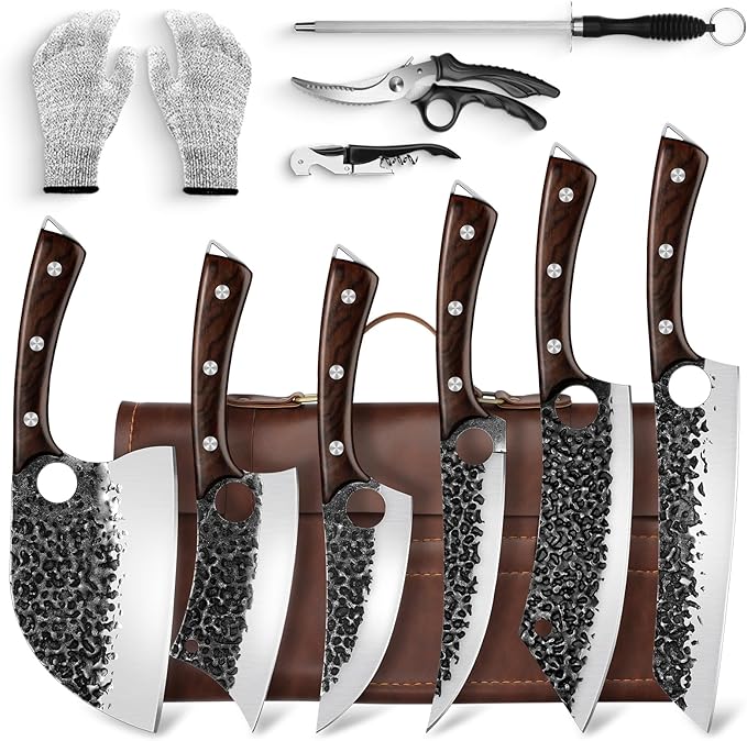 DRGSKL Serbian Chef Knife Set - 6 PCS Hand Forged Knife Set with Bag | Japanese ATS-34 Steel, Hand Forged Full Tang Knife, Ebony Handle, Anti-stick Pounding Texture, Full Accessory Kit, Ideal Gift