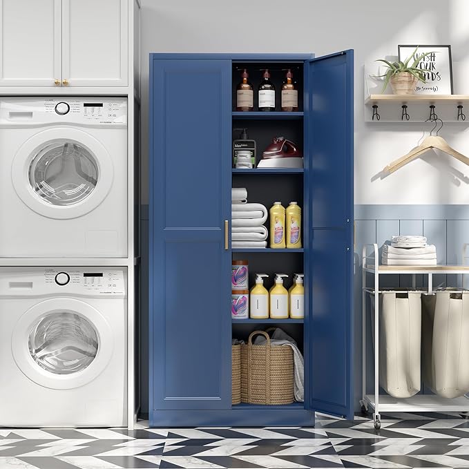 Steeloong 71"Metal Pantry Storage Cabinet with Doors & 4 Adjustable Shelves | Kitchen Pantry Cabinet,Blue Kitchen Cabinet with 2 Gold Handles,Tall Cabinet for Livingroom,Pantry, Bathroom,Kitchen,Garage