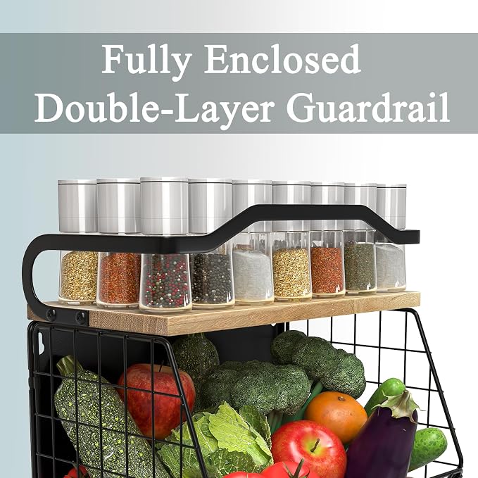 Magnetic Shelf for Fridge with Wood Lid, Heavy Duty Fruit Basket, Fruit Potato and Onion Storage Bins, Magnetic Spice Rack for Refrigerator, Black Hanging Wire Basket for Kitchen Counter