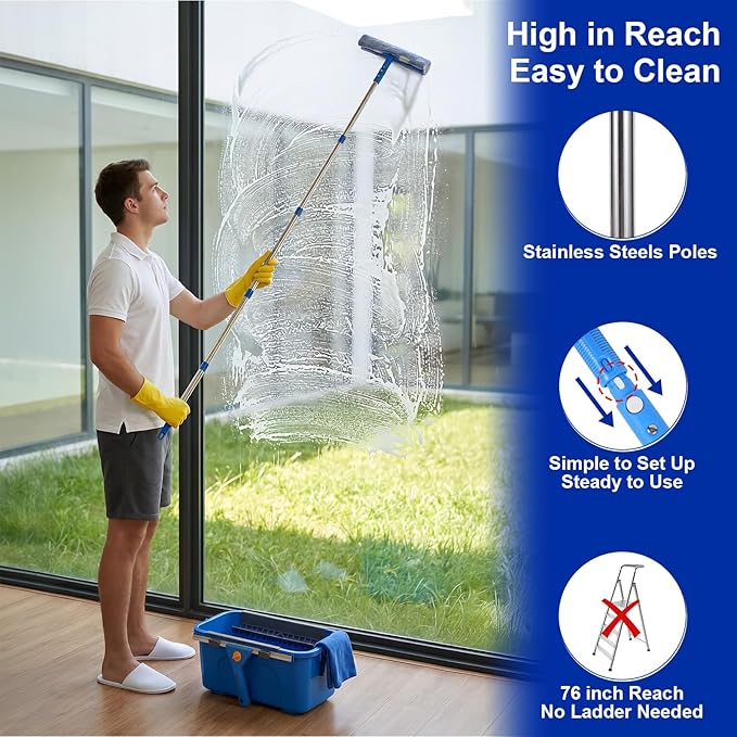 Professional Window Cleaning Kit, Window Washing Kit with 3 Gallon Bucket, 14-Inch Squeegee & 15-Inch Scrubber, 76-Inch Extendable Pole, Window Cleaning Equipment for Home & Commercial (76 inch)