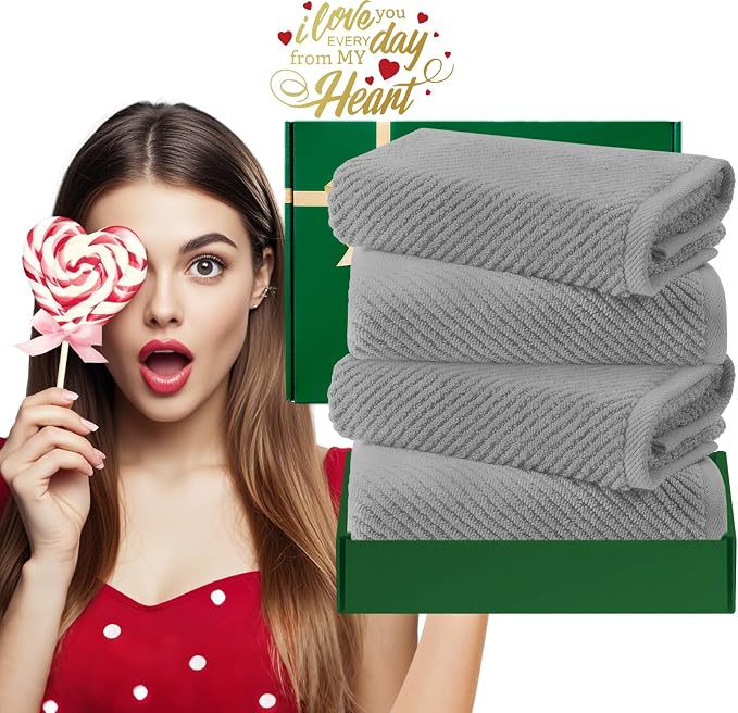 VOOVA & MOVAS Bathroom Hand Towels 4PC, 100% Cotton, 18x28 in, Gray | Thick, Quick Dry, Soft, Absorbent, Grey Towel Gift Set, Ideal For Home, Housewarming, Holiday Present