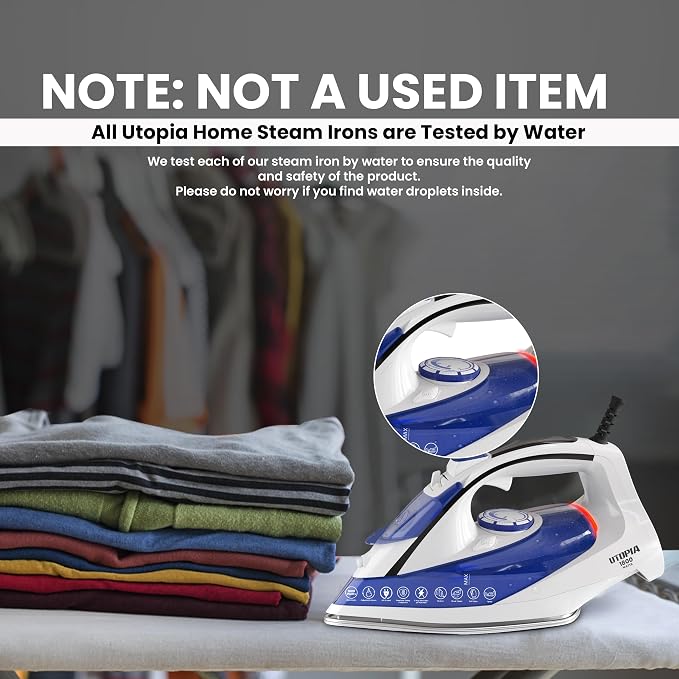 Utopia Home Steam Clothes Iron - 1800W (White Blue) Non-Stick Soleplate | Nonstick Soleplate With Auto-Off Safety Feature - Adjustable Thermostat Control, Variable Steam Control, Self-Clean, 8ft Cord