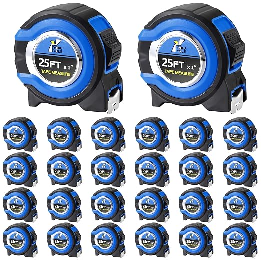 Youyole 24 Pack Tape Measure with Fractions 1/8 Steel Measuring Tape Retractable Easy Read Measurement Ruler Steel Power Blade (25 ft X 1 in,Blue)