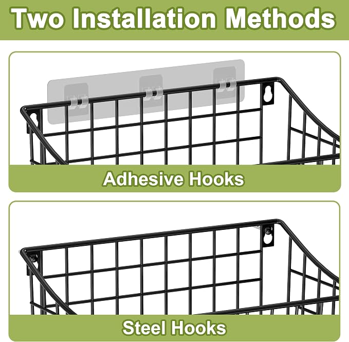 Wall Mounted Bin Basket with 5 Hooks 3 Label Plate Adhesive-3 Pack, Cabinet Hanging Metal Wire Basket,Rustic Farmhouse Decor, Storage Organization Shelf for Pantry Kitchen Bathroom 10.6*7.5*5.1inch
