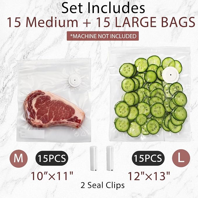 30-Pack Vacuum Sealer Bags Compatible with Chef Preserve – BPA-Free, 15 Medium (10×11 in) + 15 Large (12×13 in), Reusable Leak-Proof Food Storage Bags for Freezer, Microwave & Sous Vide