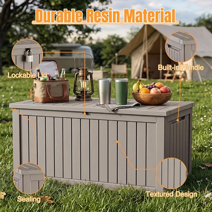 Outdoor Storage Box, 360 Gallon Waterproof Resin Deck Box with Support Rod | UV Resistant Lockable Package Delivery Bin, Shoe, Patio & Garden Tools Storage, Toy Cabinet, Ottoman, Indoor/Outdoor