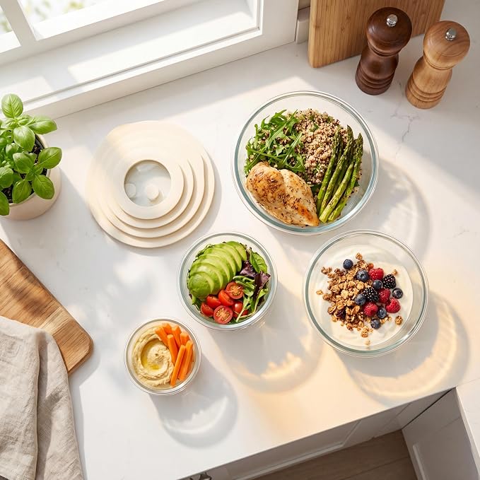 Glass Food Container Set with Glass Lid, 4 Pack, Meal Prep Containers with Silicone Framed Airtight Lid, Leakproof, 100% Plastic Free,