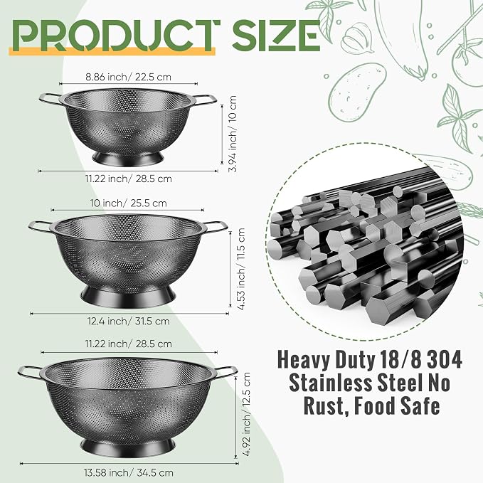 Bokon 3 Pcs Stainless Steel Colander Set Colander Bowl and Sieves 1/3/5 Quart Metal Mesh Strainer Net Basket with Handles Food Spaghetti Strainer for Kitchen Draining Pasta Rinsing(Black)