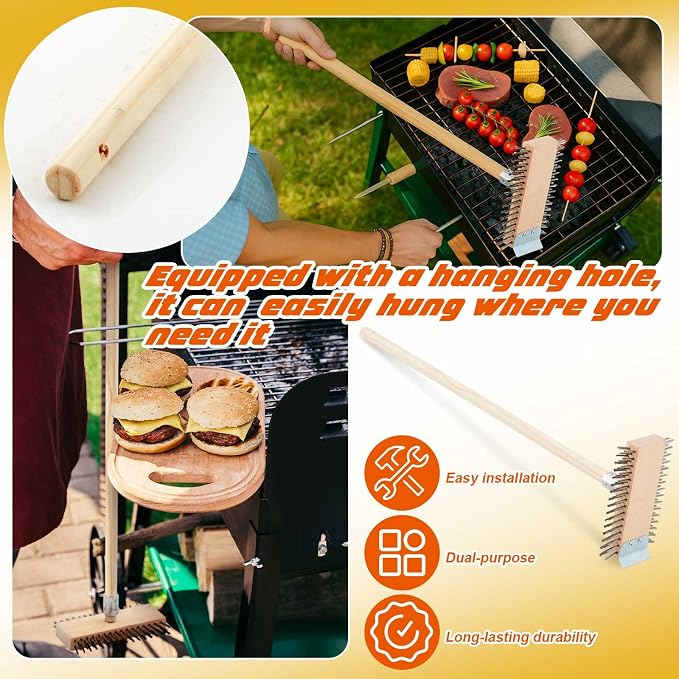 2 Pcs Stainless Steel Grill Brushes, Grill Scraper with 30'' Long Wooden Handle Commercial Oven Charbroiler Cleaning Brush for Outdoor Kitchens BBQ Restaurants
