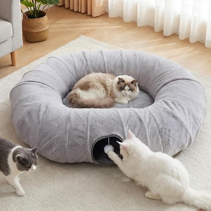 Extra Large Cat Tunnel, 47.2in Multi-Cat Family Big Cat Tunnel for Cats, Long Cat Tunnel Bed with Washable Plush Mat, XXL Pet Play Tunnel Toy for Cats, Puppy, Rabbits Grey