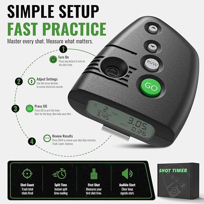 Shot Timer for Shooting Competition– Loud 110dB Buzzer, Par & Split Times, Belt Clip, Ergonomic Design & Battery Not Included – Helps Improve Your Training (Green)