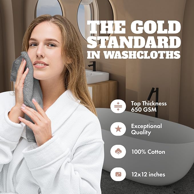 White Classic Wealuxe Light Gray Washcloths 24 Pack - 600 GSM 100% Ring-Spun Cotton Wash Cloths for Showering, Highly Absorbent and Soft | 12x12 Inches