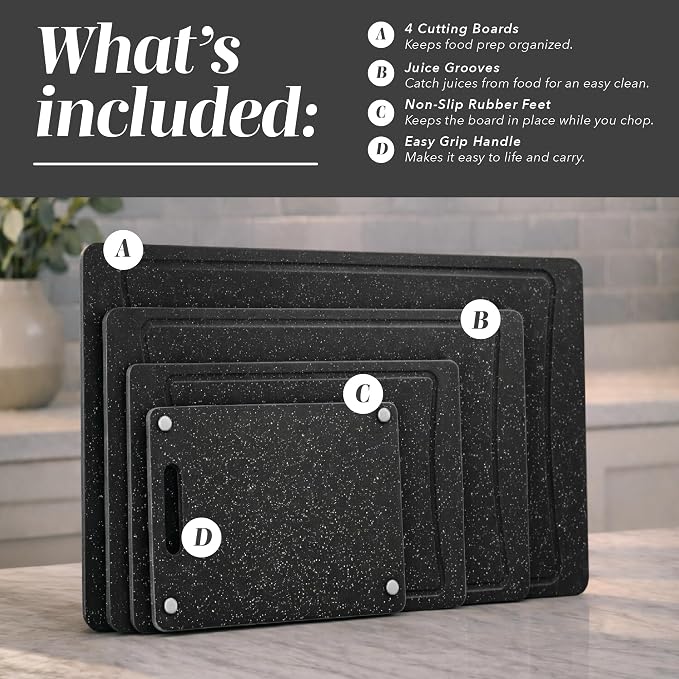 COOK WITH COLOR Non-Slip Cutting Board Set – Kitchen Essentials with Easy Grip Handle for Meat, Veggies, and Fruits, 4 Cutting Boards, Black