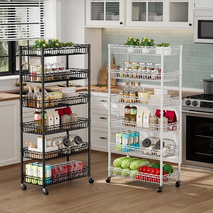 Golpart 6 Shelves Storage Shelf Wire Closet Bathroom Organizers Metal Pantry Kitchen Garage Shelving Unit Laundry Room Organization Home Rack Net Basket Black with Wheels 30" Dx14 Wx65 H